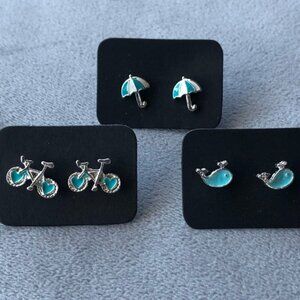Set of 3 Earrings Fun Blue Silver-Tone Brand New